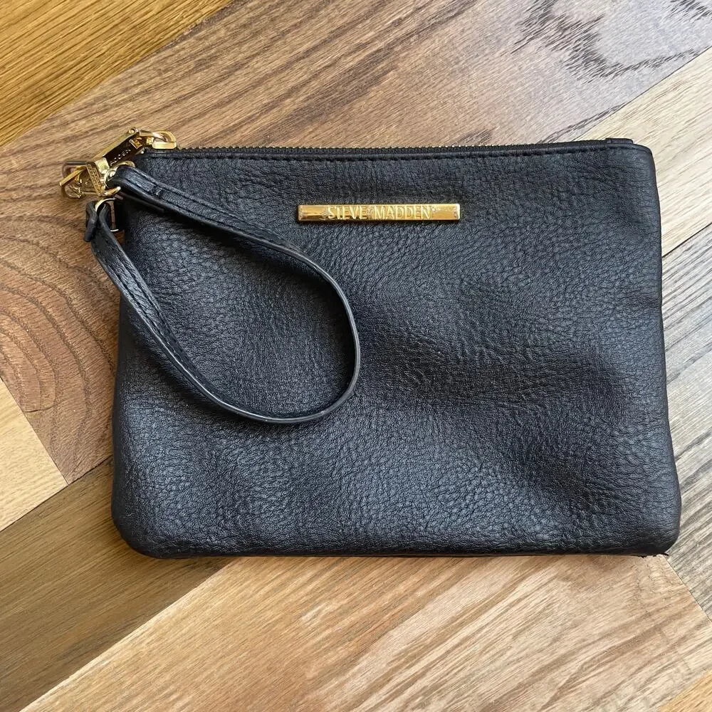 Steve Madden Black Wristlet Clutch Zip Pouch Gold Hardware Women's